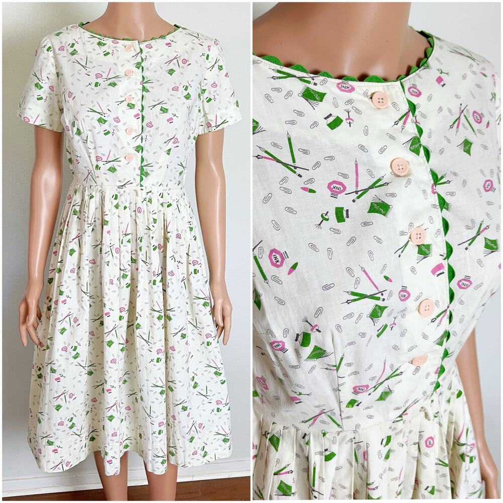 Vintage 1950s Novelty Print Ric‎ Rac Teacher Secretary Dress // Size Small